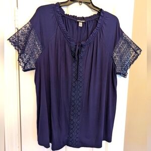 Navy Blouse with Lace Sleeves